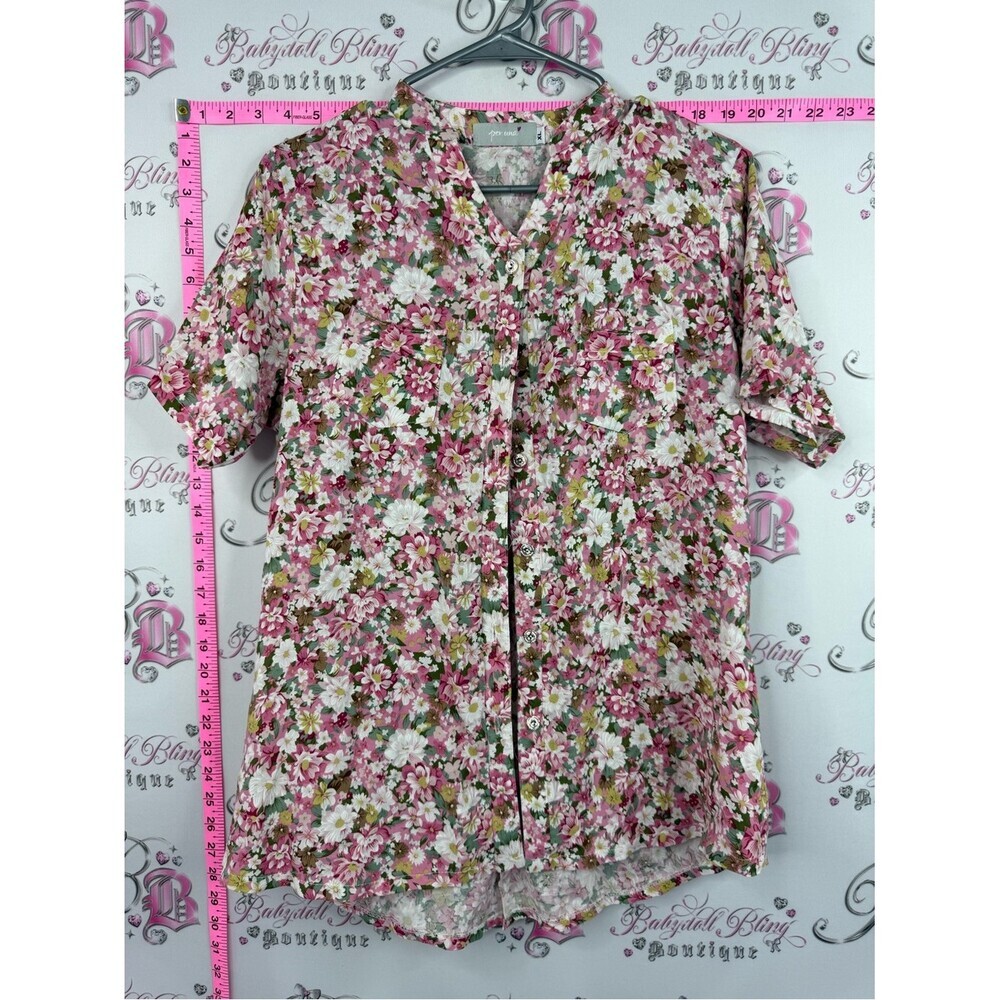 per una Pink Floral Button-Front Short Sleeve Top